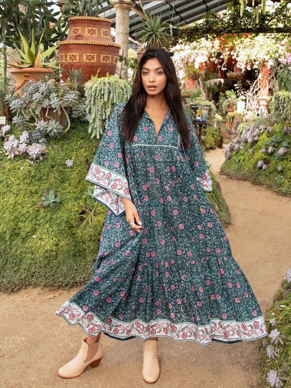 The Fox and The Mermaid Chahna Midi Dress - Block Printed Cotton Kaftan Dress